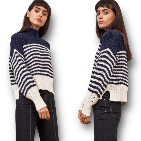LA LIGNE Bretagne Striped Chunky Knit Wool Sweater Pullover iNAVY/CREAM  Size L - Picture 4 of 12